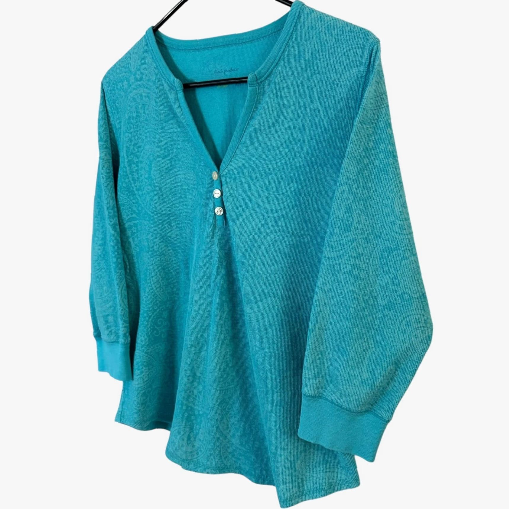 Vintage Fresh Produce 3/4 Sleeve Paisley Print V-Neck Henley Shirt Women's Large Blue Size L / US 10 / IT 46 - 2 Thumbnail