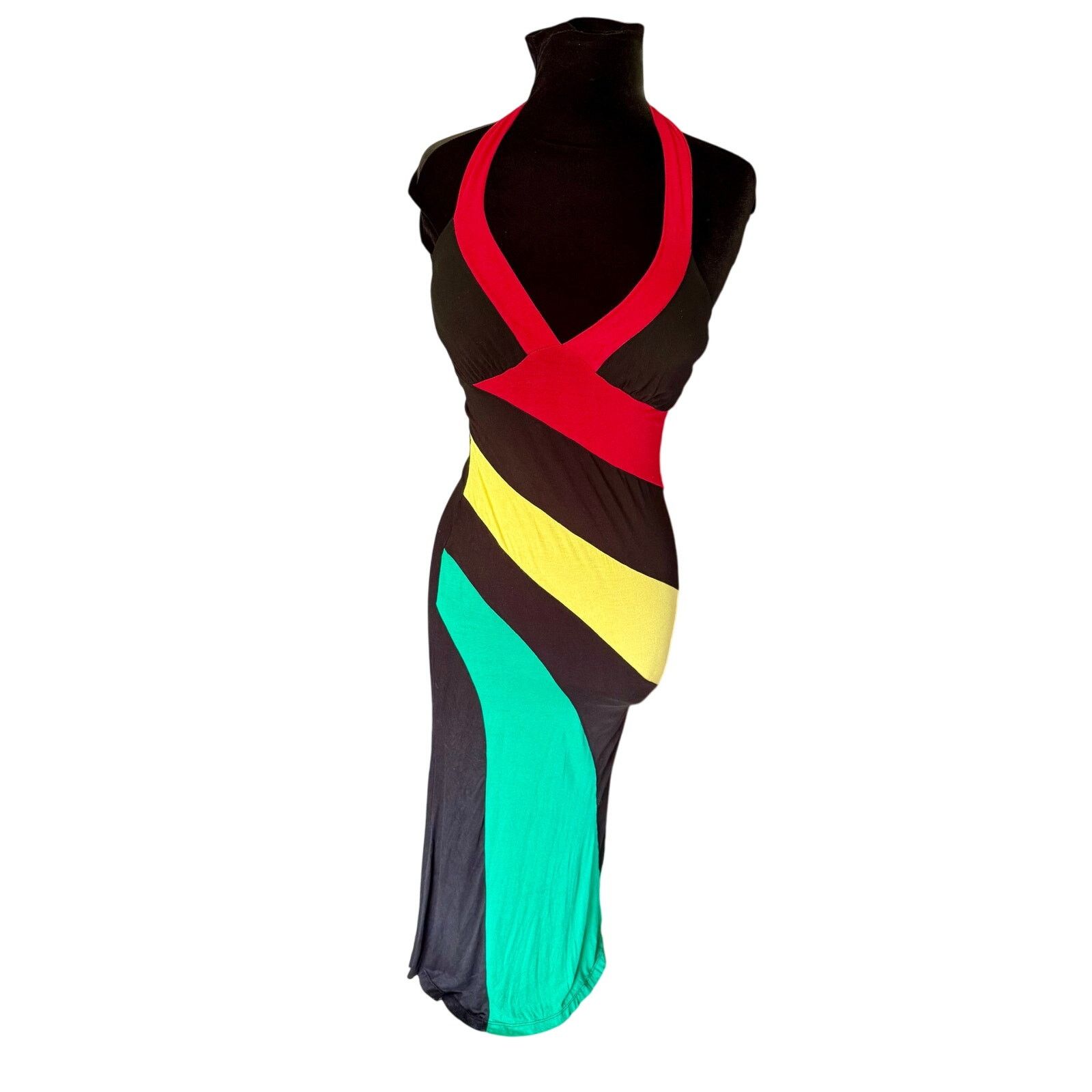 Vintage Vintage 90’s Black Red Green Halter Bodycon Dress Med Large Size M / US 6-8 / IT 42-44 - 2 Thumbnail
