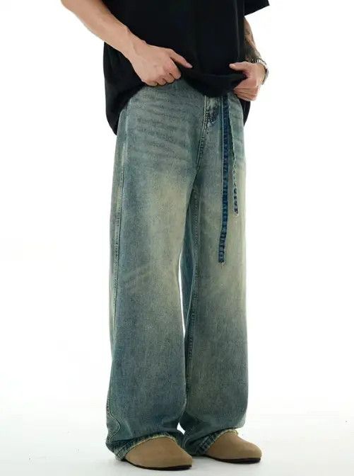Japanese Brand Men's blue straight loose washed distressed belt jeans Size US 32 / EU 48 - 6 Thumbnail
