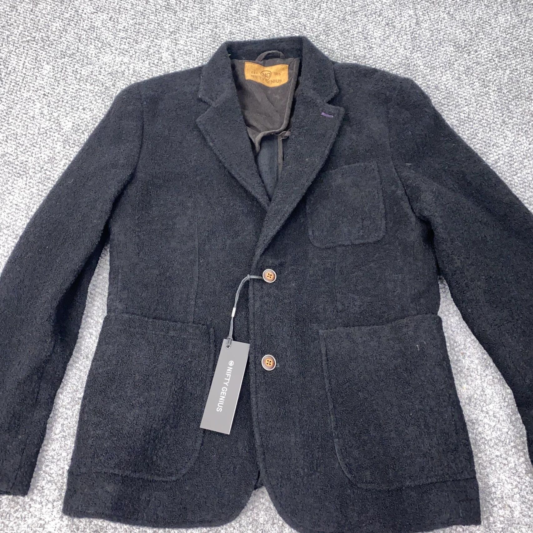 Vintage Nifty Genius Blazer Mens Medium Black Wool Blend Sport Coat Elbow Patches Jacket Size 40R - 2 Thumbnail