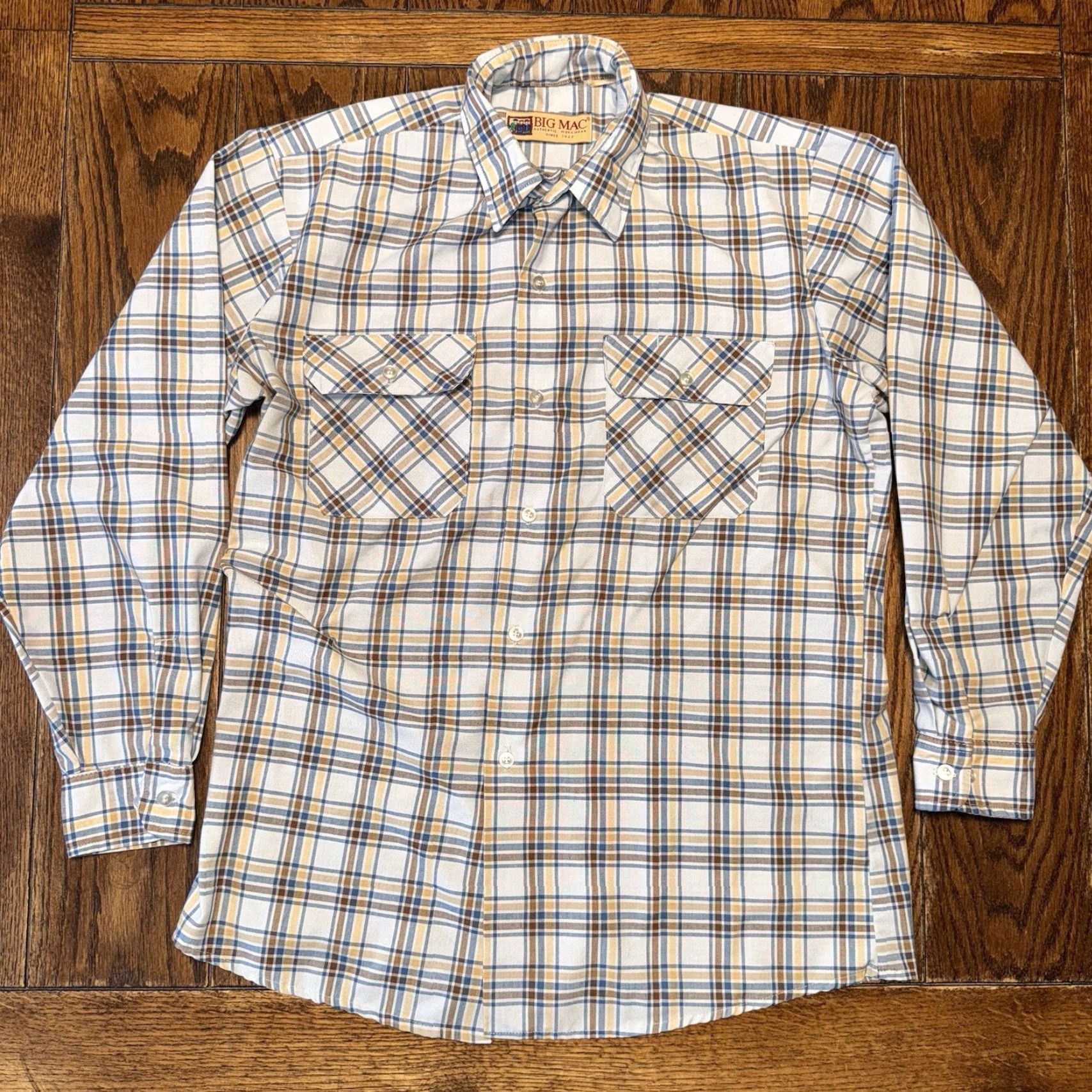 Vintage VTG Big Mac Mens XL Blue Beige Plaid 80’s Long Sleeve Button Up USA Shirt Size US XL / EU 56 / 4 - 2 Thumbnail