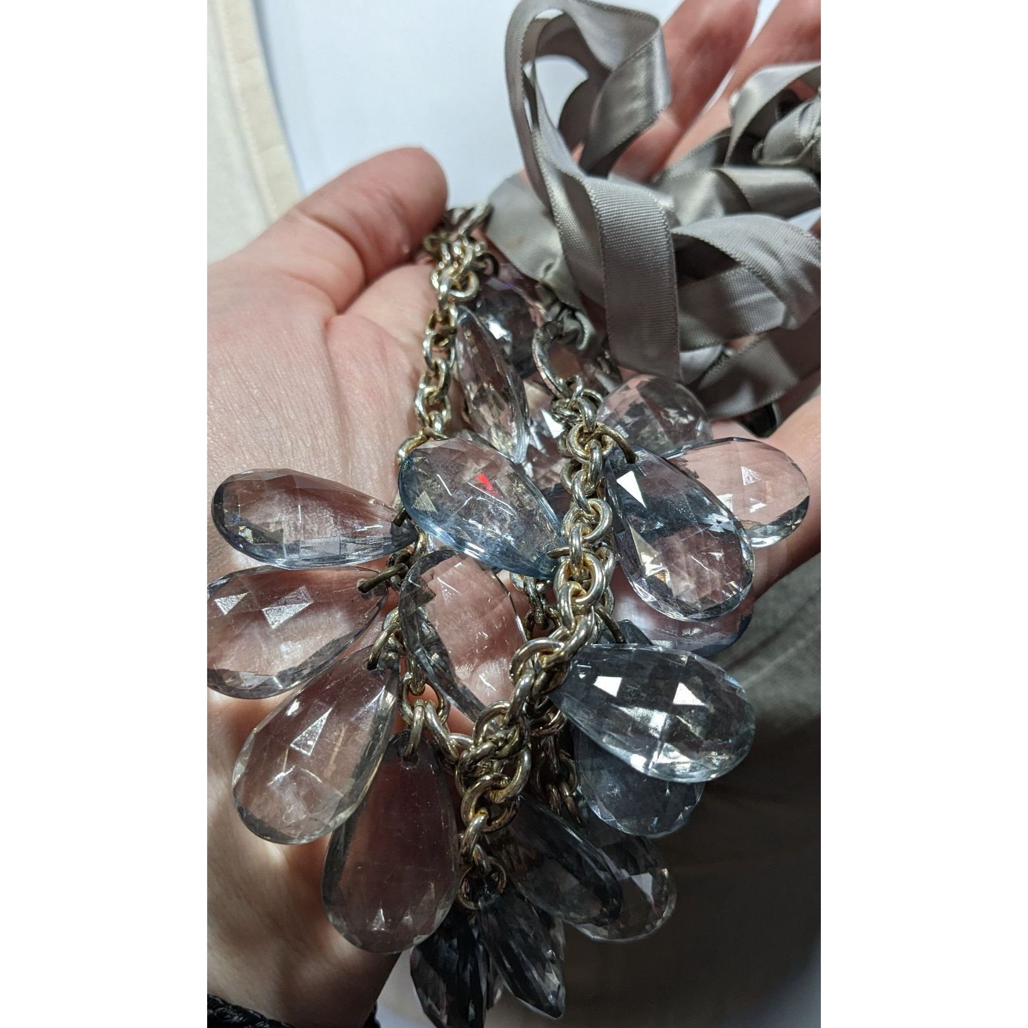 Other Silver Ribbon Necklace With Clear Crystal Teardrop Beads & C Size ONE SIZE - 3 Thumbnail