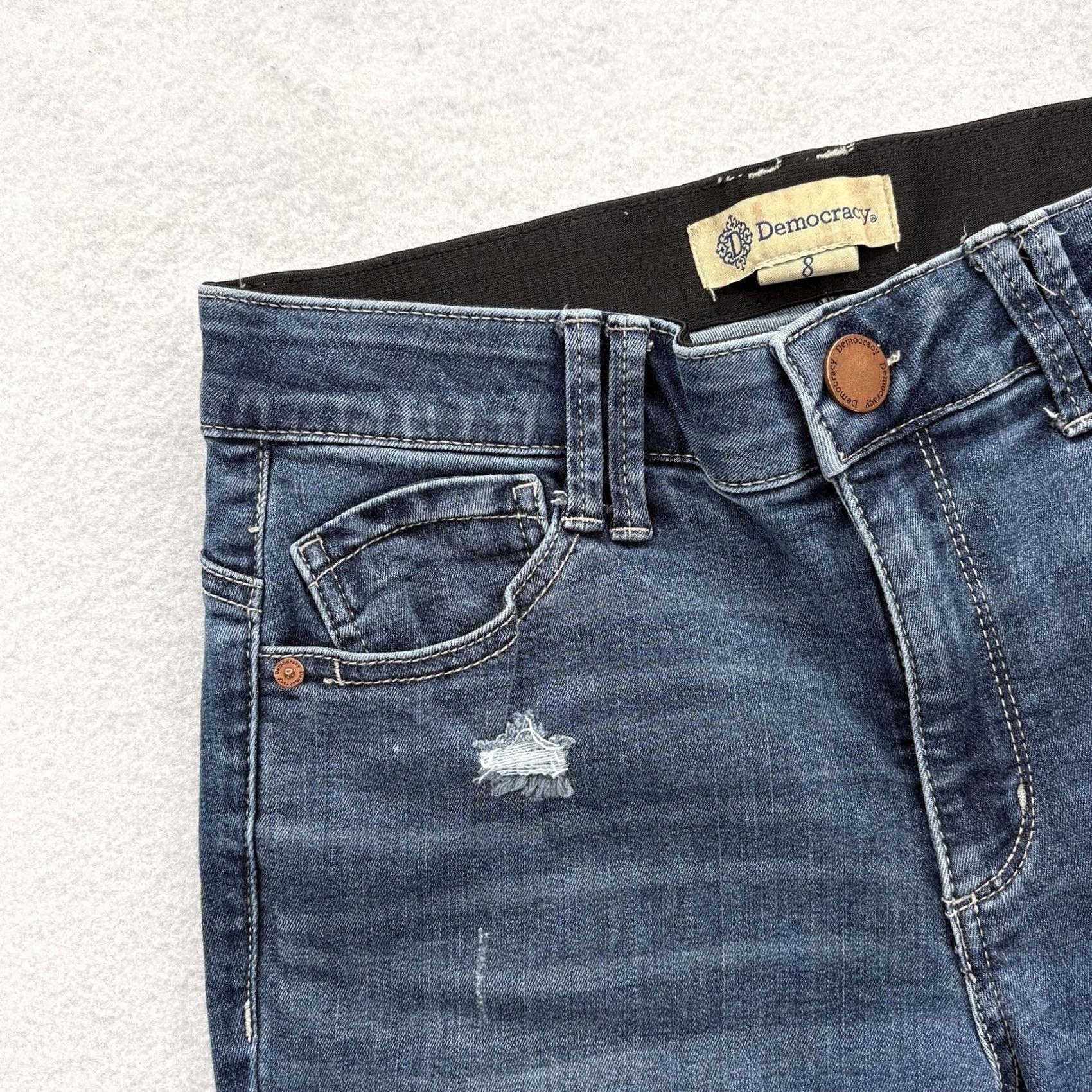 Vintage Democracy Jeans Bootcut Womens 8 Blue Mid Rise Distressed Stretch Pockets 5-Pocket Denim Cotton Polyester Viscose Spandex Size 30" / US 8 / IT 44 - 3 Thumbnail