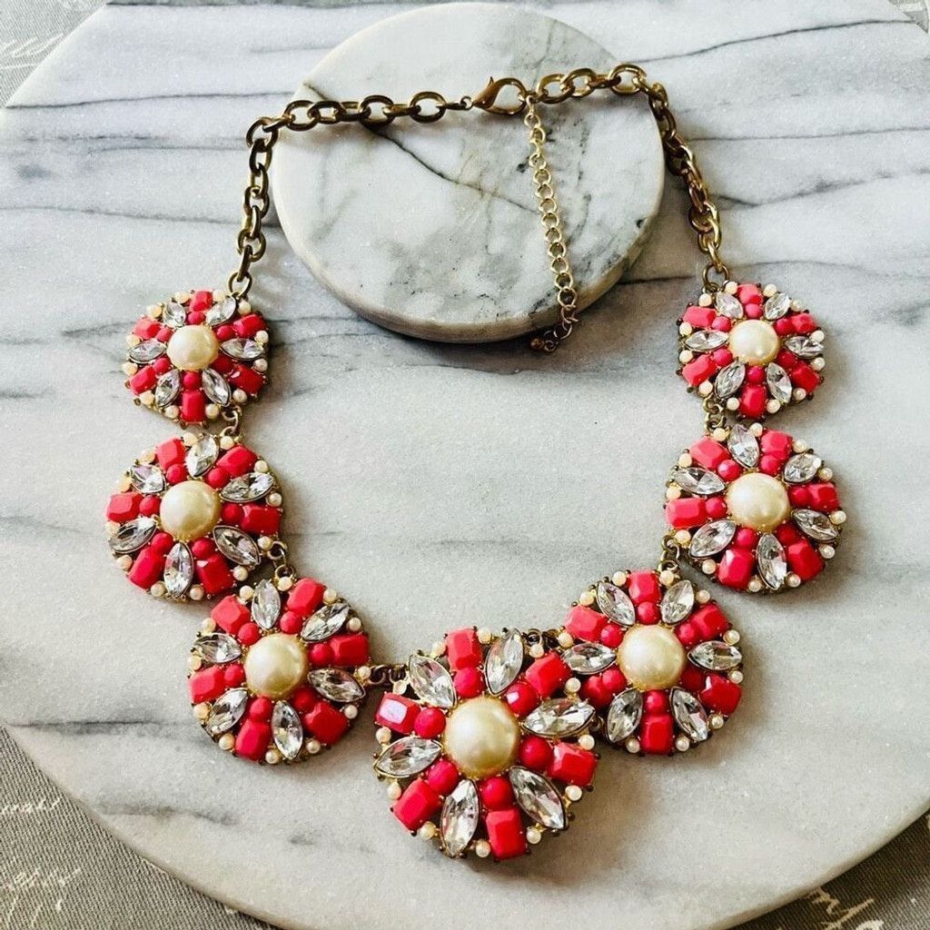 Jewelry Glam Statement Necklace Coral Red Faux Pearl Round Link Size ONE SIZE - 1 Thumbnail