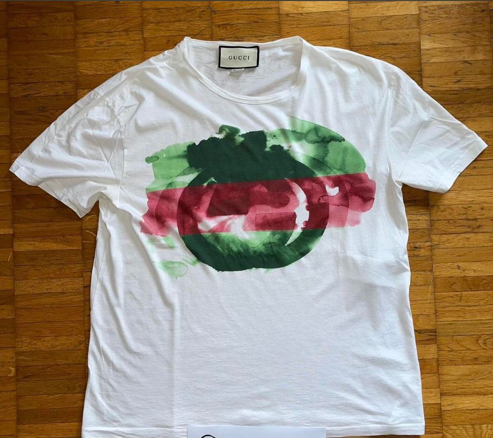 Gucci White Watercolour Logo GG Tee