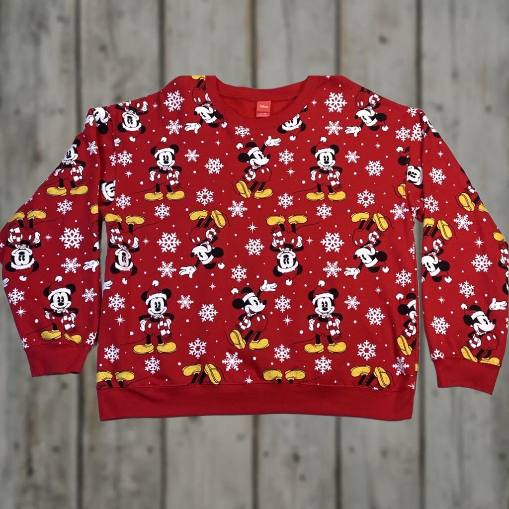 Disney Disney Mickey Mouse Sweatshirt 2XL Red Christmas Snowflake AOP Crew Neck Pullover Long Sleeve Graphic Print Women Vintage: No Size XXL / US 16-18 / IT 52-54 - 1 Thumbnail