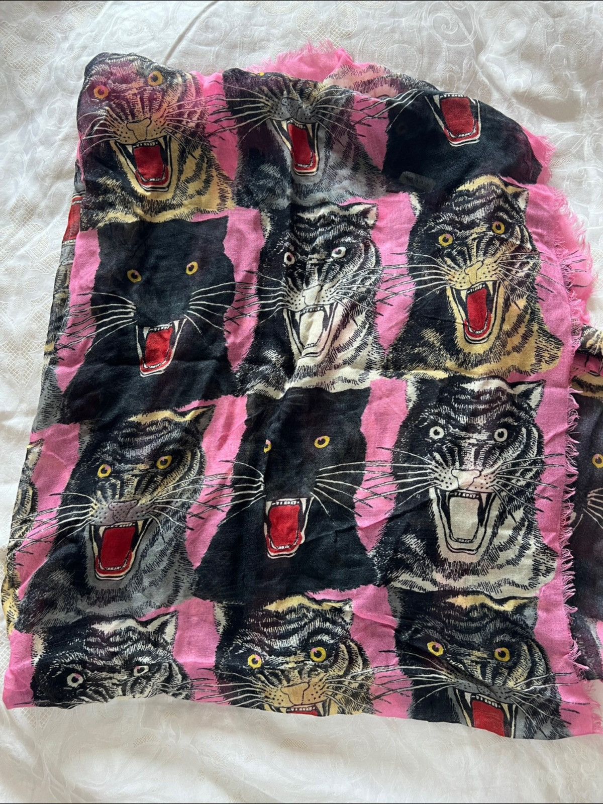 image of Gucci Tiger Print Scarf in Pink, Men's