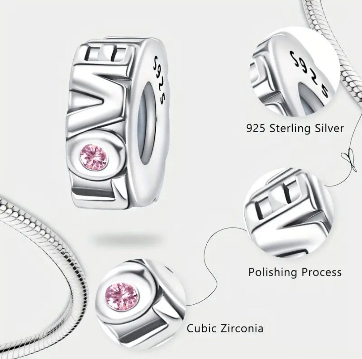 Other charm / 925 Sterling Silver Love Charm with Pink Gemstone Size ONE SIZE - 1 Thumbnail