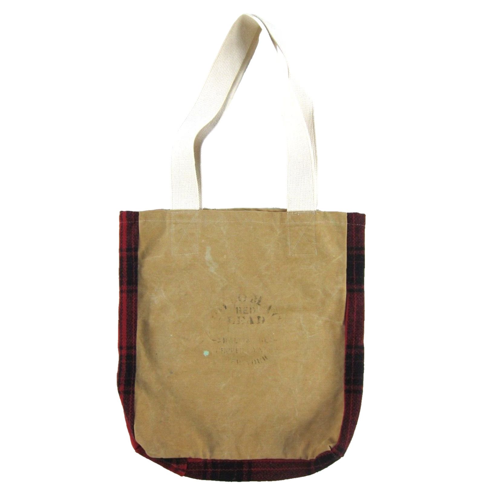 Vintage Handmade Brown Cotton Canvas Wool Red Black Plaid Large Shopping Tote Purse Size ONE SIZE - 2 Thumbnail