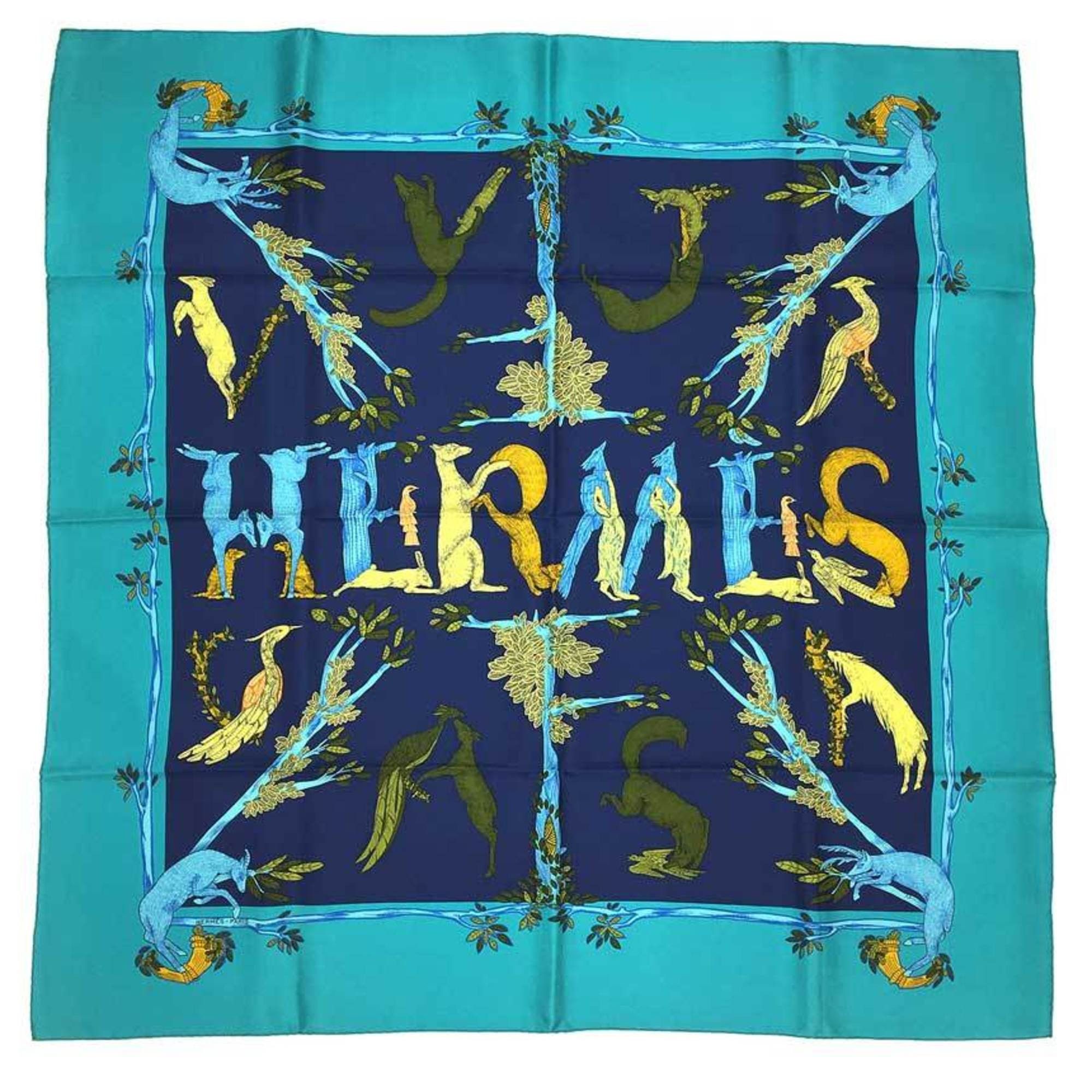 image of Hermes Carre 90 Scarf Muffler Animal Alphabet Animal Alphabet Forest Movement Navy X Turquoise Blue