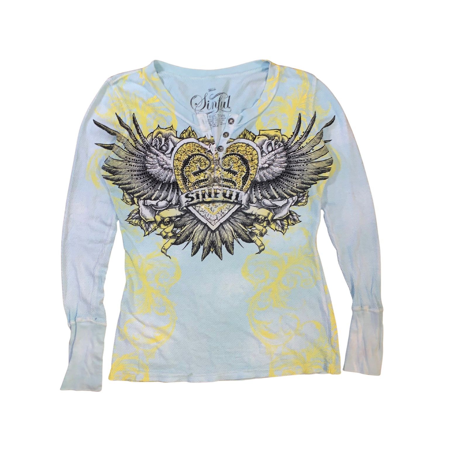 Affliction × Vintage Sinful by Affliction Thermal Henley Small Blue Wings Y2K Size S / US 4 / IT 40 - 1 Thumbnail