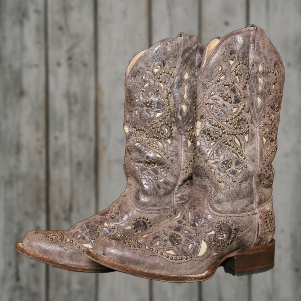Vintage CORRAL 'Jessica' Brown Studded Inlay Leather Western Boots Sz. 6.5 M Women Cowgirl Boots Size US 7 / IT 37 - 1 Thumbnail