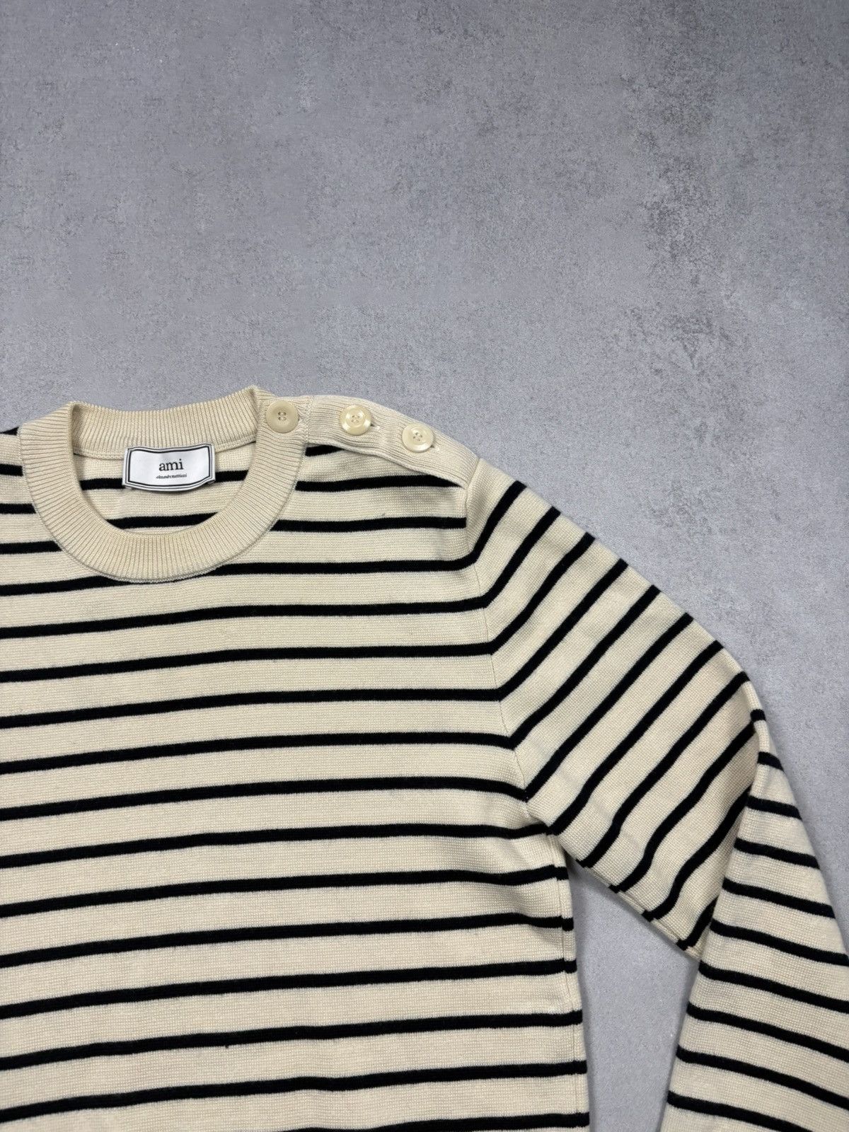 AMI AMI Merino Wool Striped Knit Sweater Button Shoulder Breton Size M / US 6-8 / IT 42-44 - 3 Thumbnail