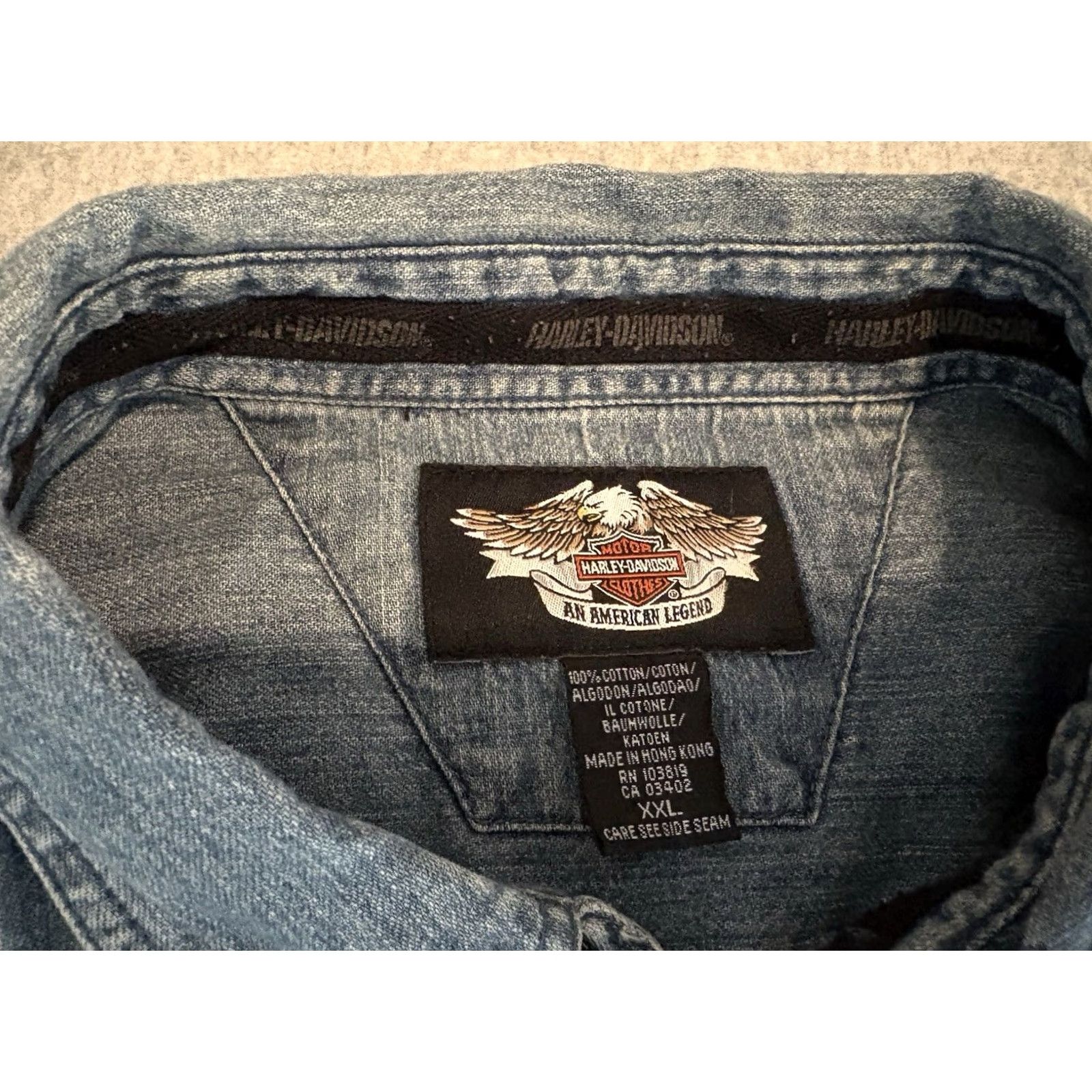 Harley Davidson Harley-Davidson Shirt Short Sleeve Denim Button-Up Blue Embroidered Mens 2XL XXL Size US XXL / EU 58 / 5 - 4 Thumbnail