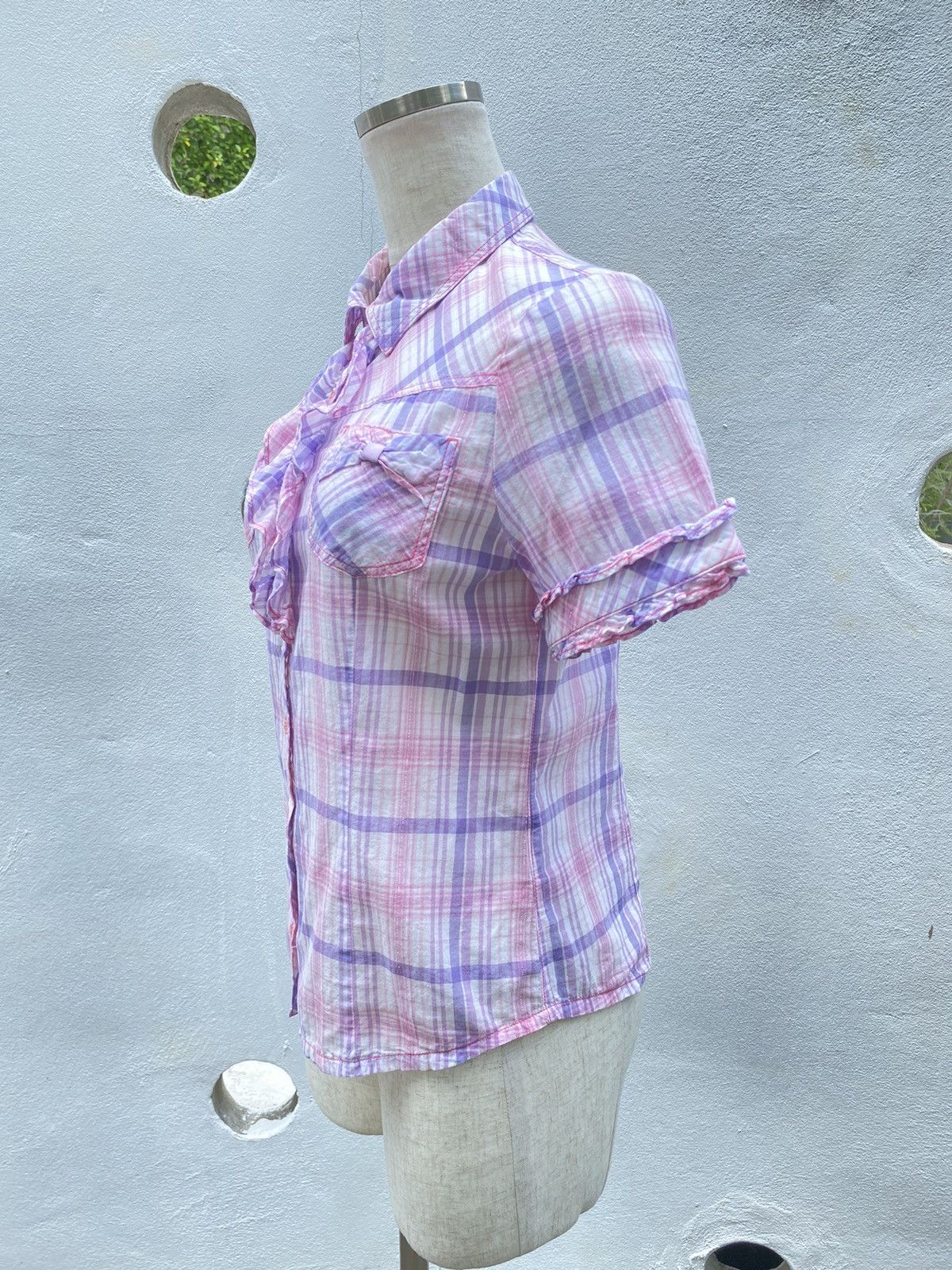 Designer × Japanese Brand Mezzo Piano Y2K Pink & Purple Plaid Ruffle Shirt Size ONE SIZE - 15 Thumbnail