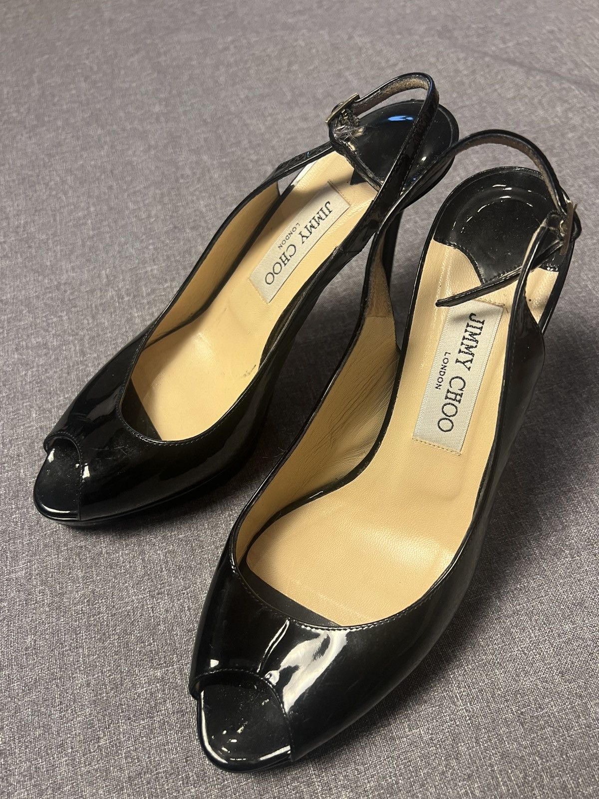 Jimmy Choo Jimmy Choo Black Patent Leather Slingback Heels Peep Toe Size US 8.5 / IT 38.5 - 1 Thumbnail
