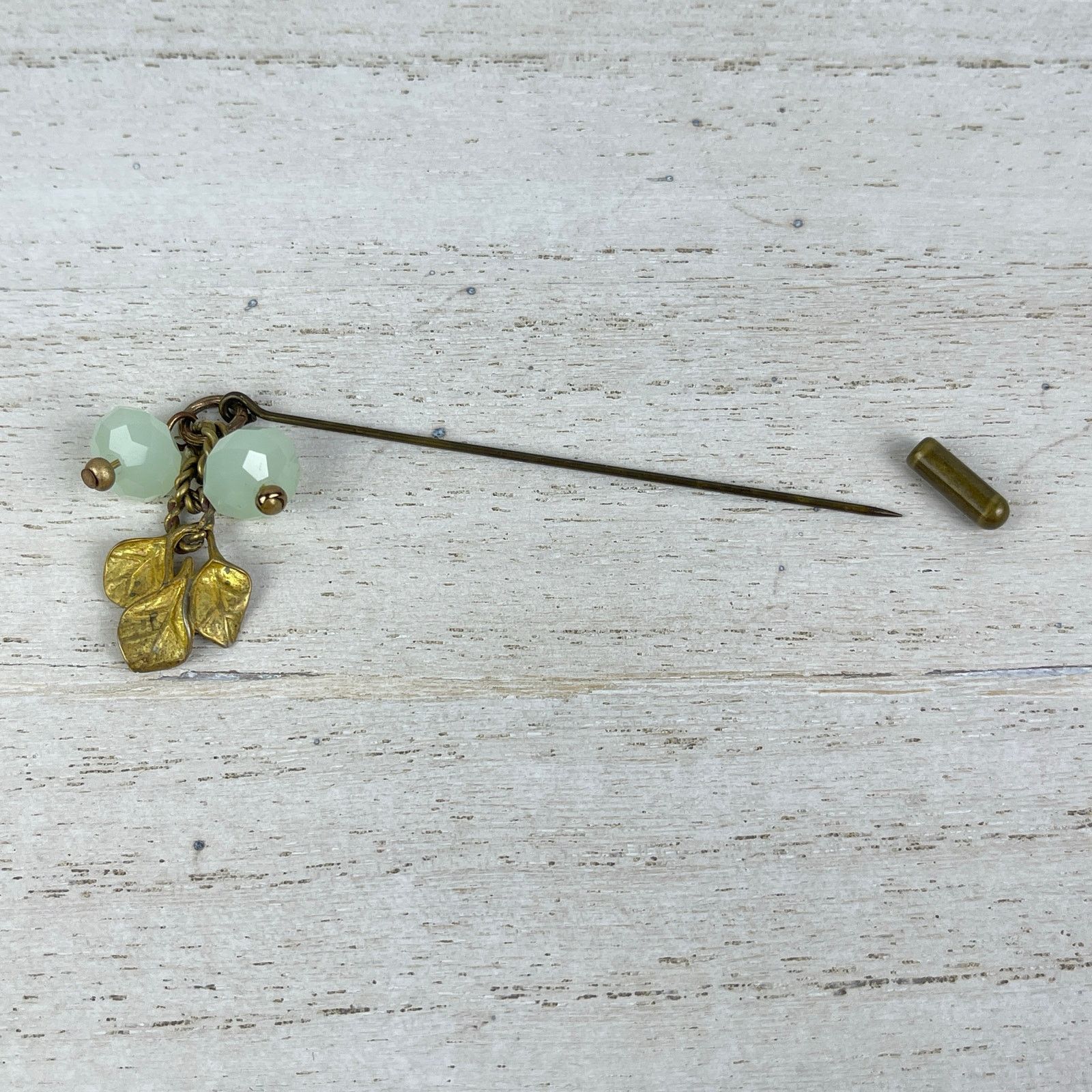 Other Brass Gold Tone Stick Pin Leaves Charm Mint Green Beads Size ONE SIZE - 3 Thumbnail