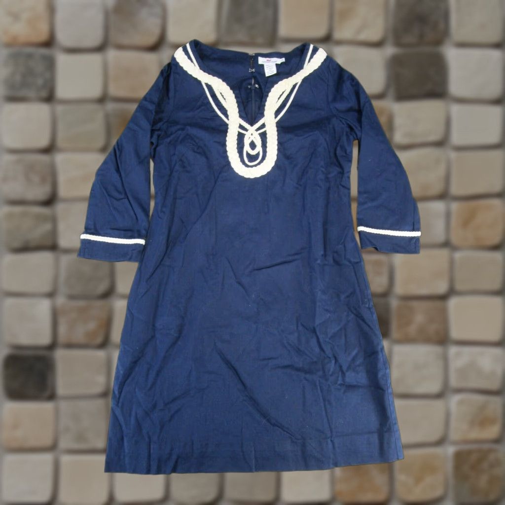 Vineyard Vines Dress Womens 8 Blue Cotton Shirt Dress A-Line/Sundress 3/4 Sleeve V-Neck Short Dress Mens?
