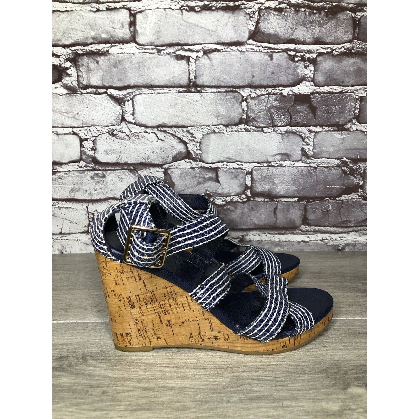 Cole Haan Cole Haan Grand OS Blue White Stripe Leather Cork Wedge Sand Size US 7.5 / IT 37.5 - 18 Thumbnail