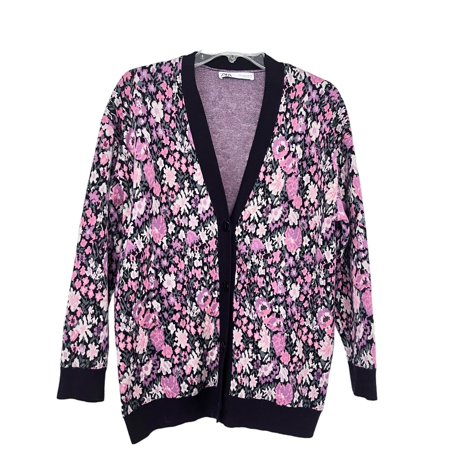 Zara Zara Black Pink Floral Jacquard Knit Cardigan Sweater Size S / US 4 / IT 40 - 2 Thumbnail