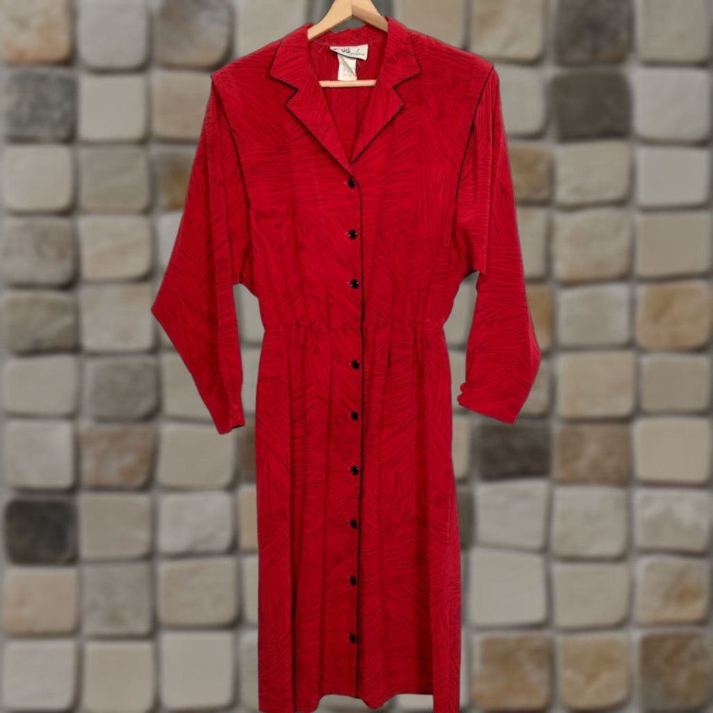 Vintage VINTAGE Willi of California Dress Shirt Dress Red 14 Long Sleeve Office Wear 1980s Midi Women's Business Casual Party/Cocktail Wedding Black accents? Size XL / US 12-14 / IT 48-50 - 1 Thumbnail