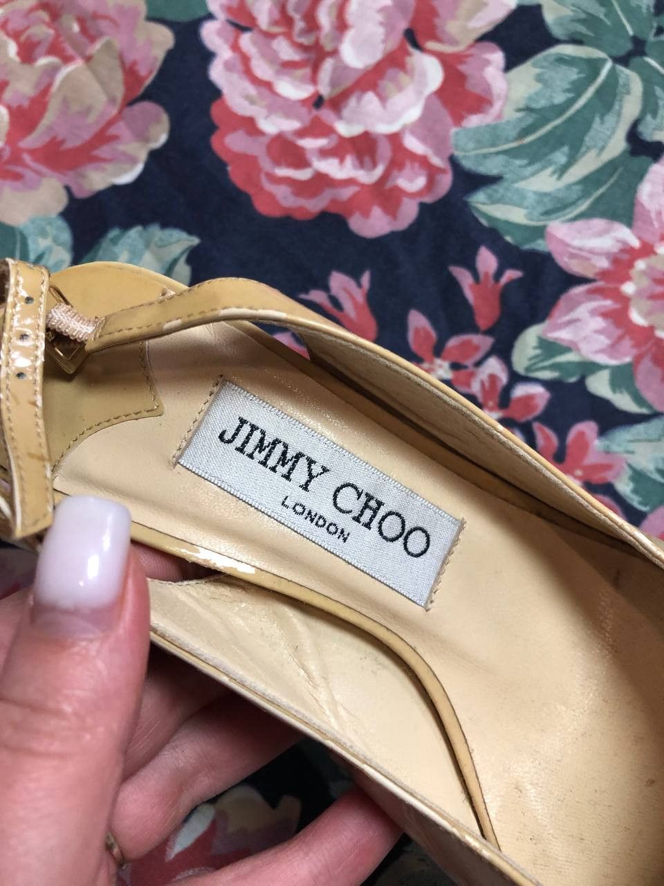 Jimmy Choo Jimmy Choo Womens Patent Leather Peep Toe Heel Pumps Beige Size US 5 / IT 35 - 4 Thumbnail