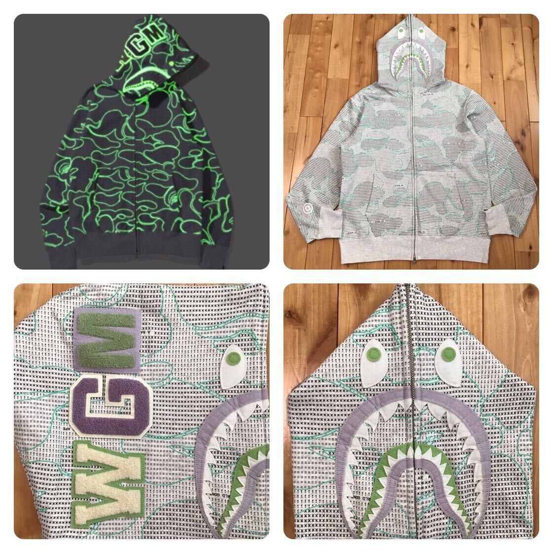 image of Glow In The Dark Bape Text Code Camo Shark Full Zip Hoodie in Grey, Men's (Size XL)