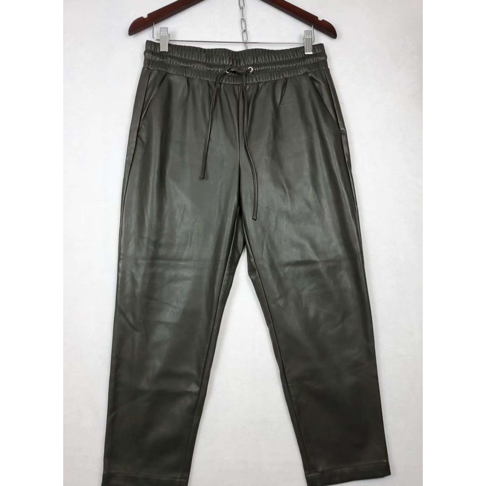 Loft VINTAGELOFT Olive Green Faux Leather Cropped Pants Elastic Drawstring Waist Size MP Size 32" / US 10 / IT 46 - 3 Thumbnail