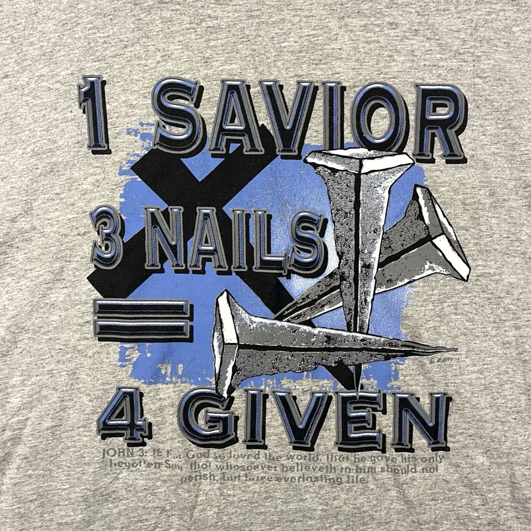 Fruit Of The Loom VINTAGE Fruit of the Loom Shirt Mens 2XL Gray Short Sleeve Crew Neck Jesus 3 Nails 4 Given Christian Faith 90s John 3:16 T-Shirt Size US XXL / EU 58 / 5 - 2 Thumbnail
