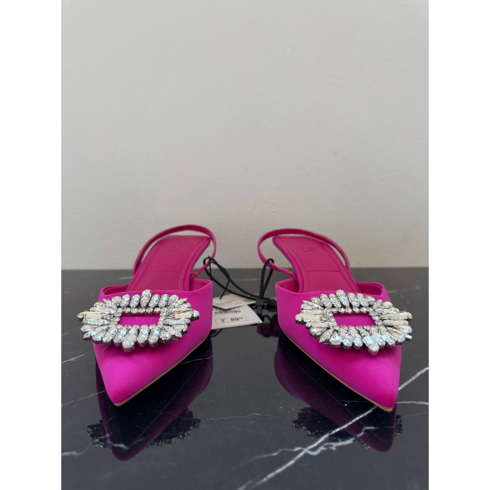 Zara Zara Hot Pink Rhinestone Pointed Toe Slingback Kitten Heel Size US 9 / IT 39 - 3 Thumbnail