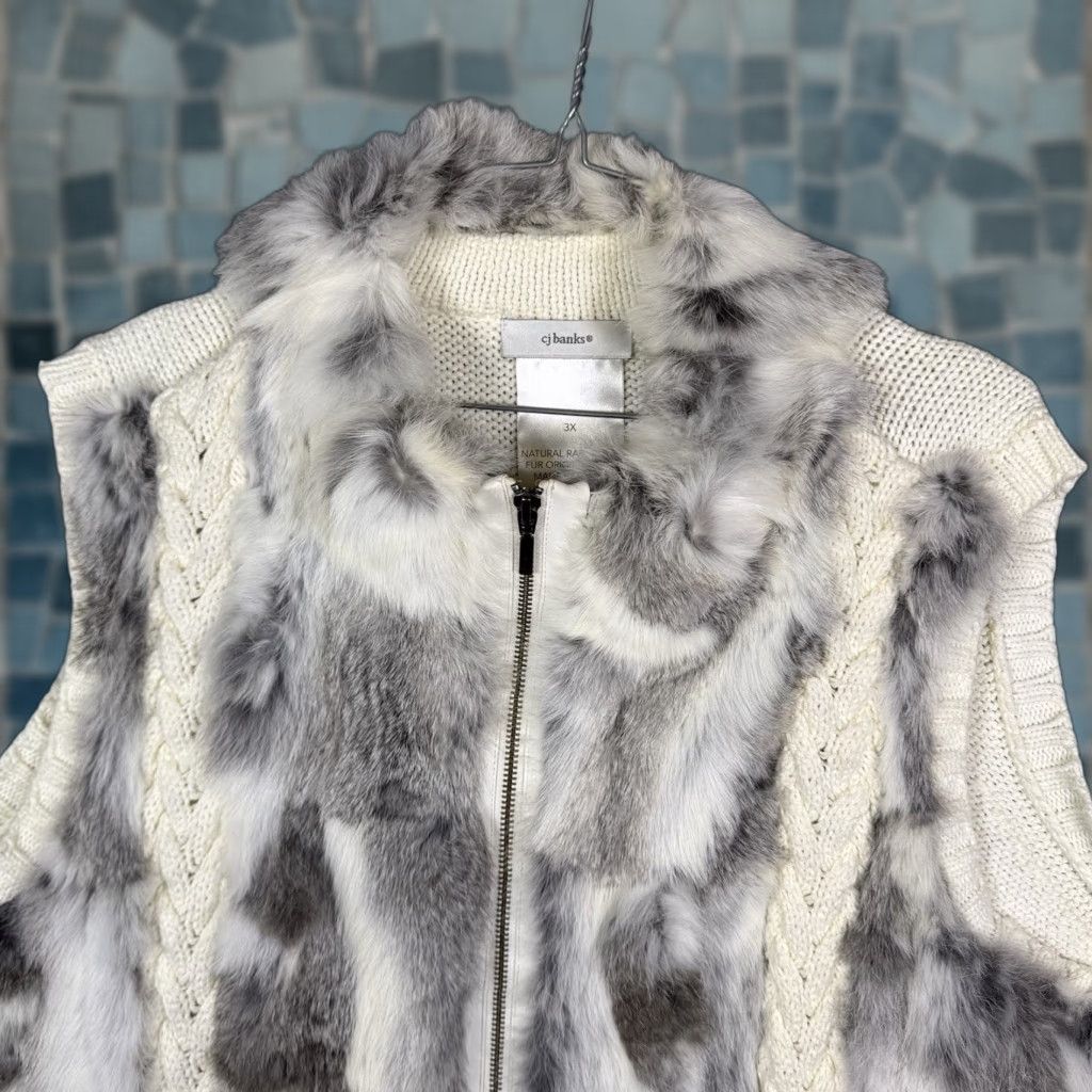 Vintage CJ Banks Sweater Womens 3X Real Rabbit Fur Cable Knit Full Zip Vest Cream Ivory Wool? Size XXL / US 16-18 / IT 52-54 - 1 Thumbnail