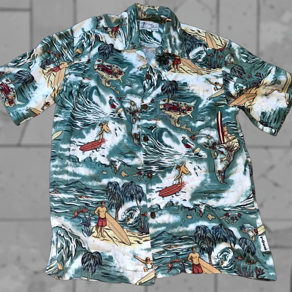 Vintage VINTAGE Toes on The Nose Hawaiian Shirt Teal Short Sleeve Men S Button-Up Teal Hawaiian Print Shirt Mens Small Size US S / EU 44-46 / 1 - 1 Thumbnail