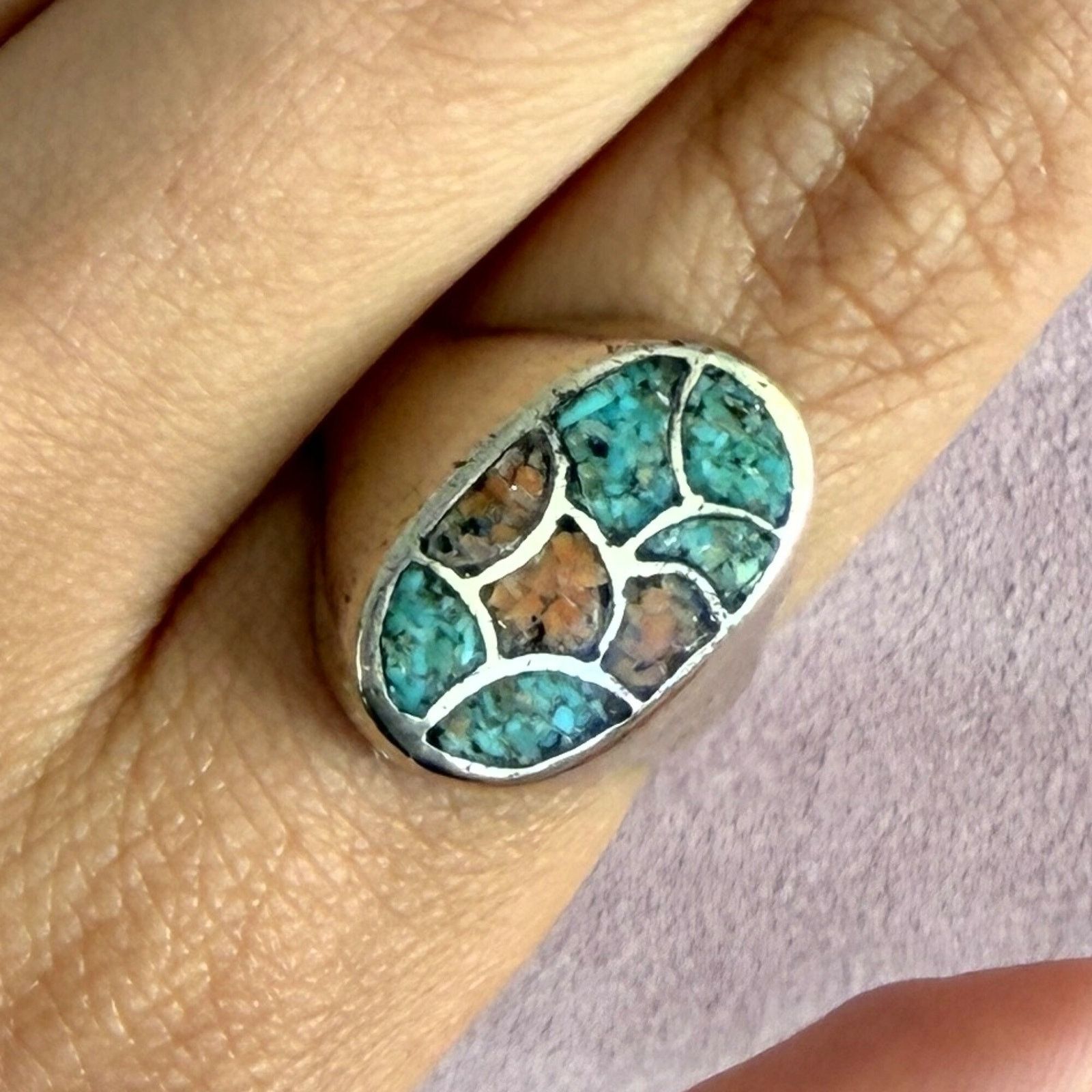 Native navajo sterling silver turquoise & coral signet ring size 9 Size ONE SIZE - 1 Thumbnail