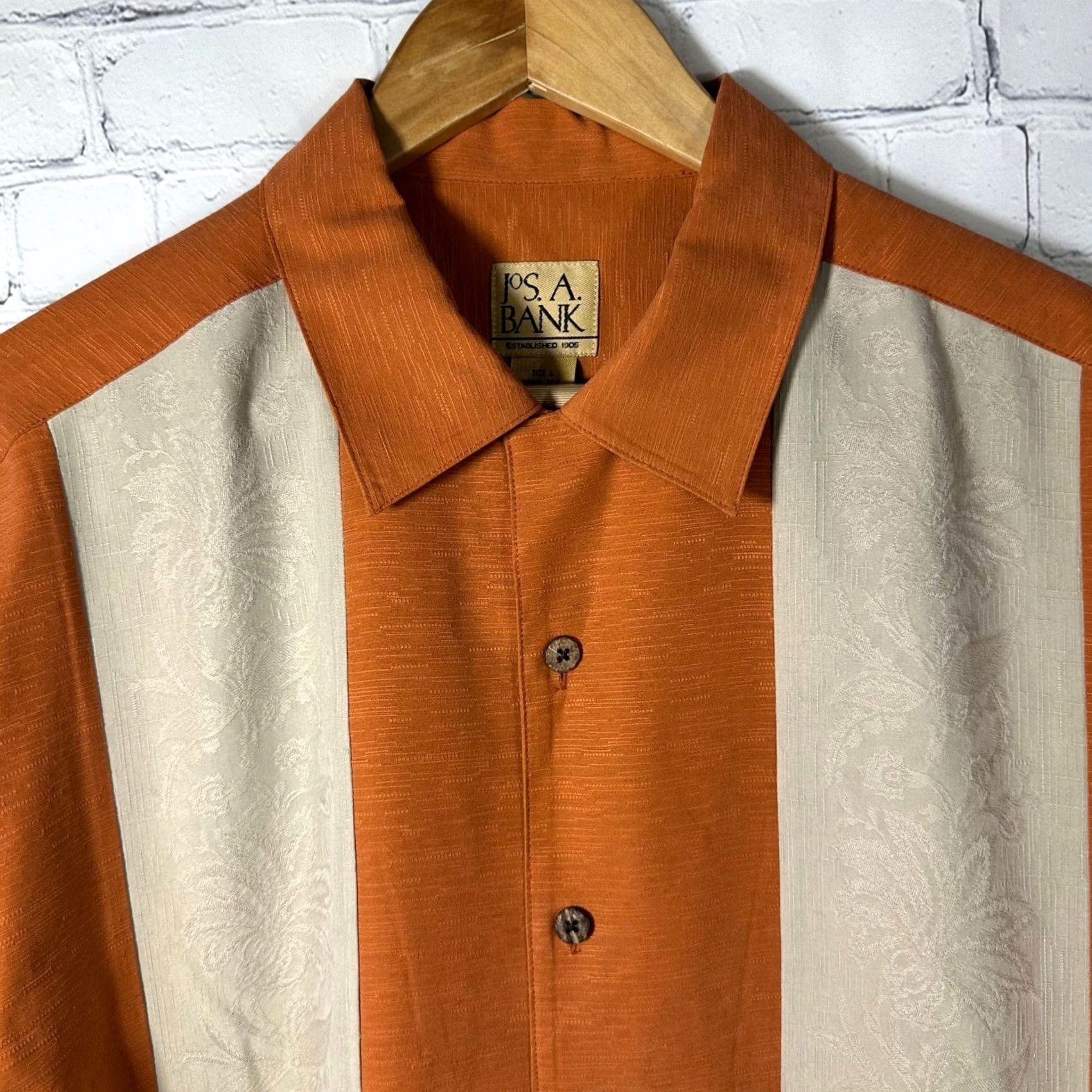 Jos. A. Bank Jos A Bank Mens Large Camp Shirt 100% Silk Burnt Orange Beige Floral Panel 2010 Size US L / EU 52-54 / 3 - 2 Thumbnail