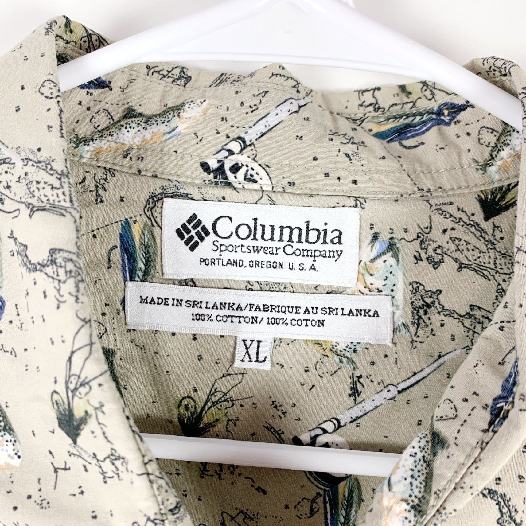 Vintage VINTAGE Columbia All Over Fish Pole AOP Camp Short Sleeve Button Front Shirt XL Mens Brown 1990s Cotton Size US XL / EU 56 / 4 - 6 Thumbnail