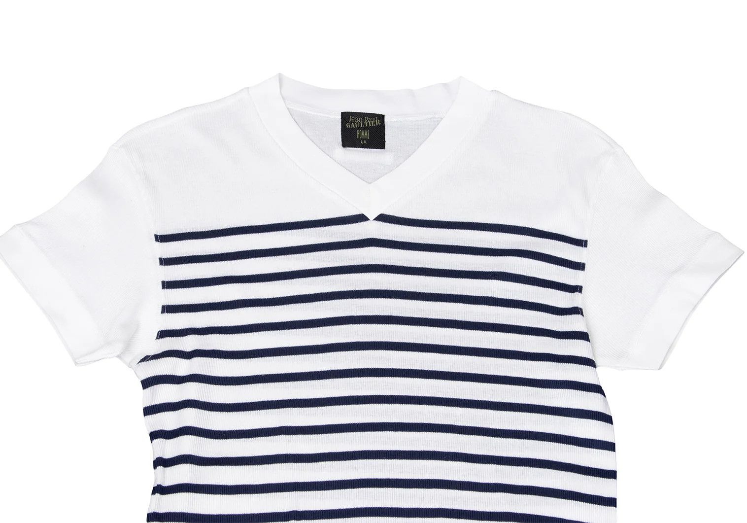 Jean Paul Gaultier Marine Stripe V-Neck Ribbed T-Shirt in Navy and Off-White Size US L / EU 52-54 / 3 - 2 Thumbnail