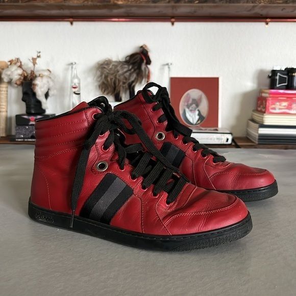 Gucci Silverstone NS Nylon High 'Red' Viaggio Leather Stripe