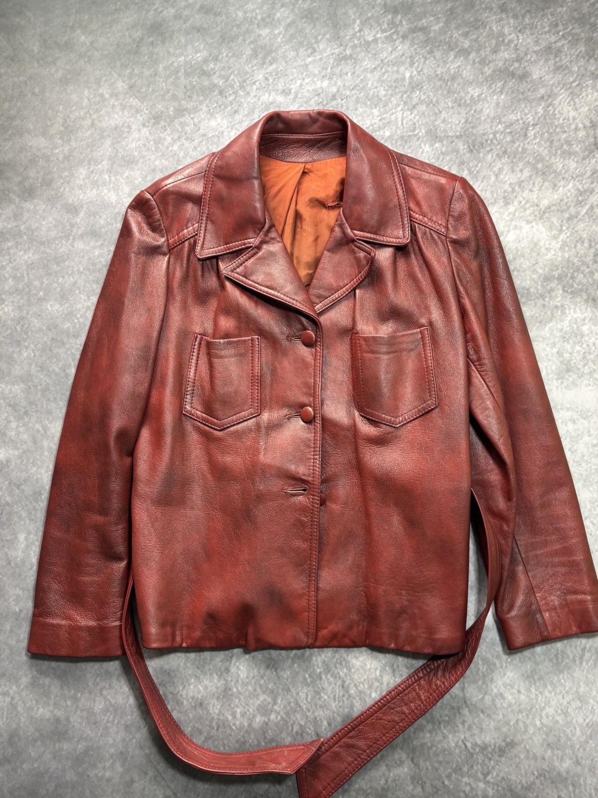 Vintage 70s Vintage Leather Jacket Belted Cropped Red Olympic Womens Size XXL / US 16-18 / IT 52-54 - 14 Thumbnail