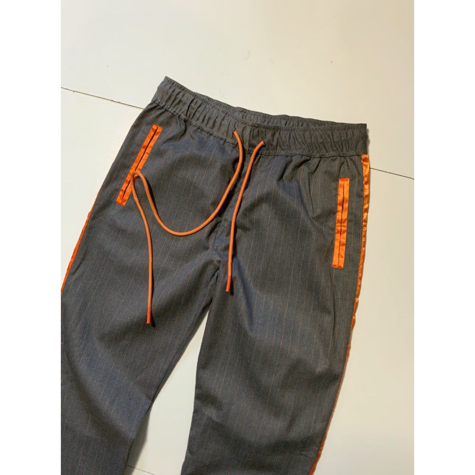Vintage KDNK Pants Slim Drawstring Striped Gray Orange/Gray Pin Striped Los Angeles Mens L 34 Slim Fit 33in Inseam Size US 33 - 5 Thumbnail
