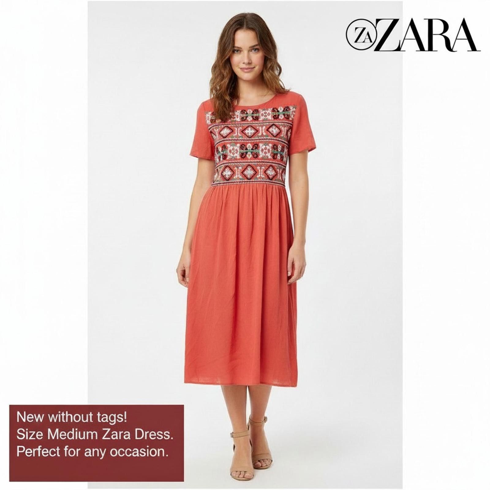 Zara ZARA Medium Coral Embroidered Midi Dress Size M / US 6-8 / IT 42-44 - 2 Thumbnail