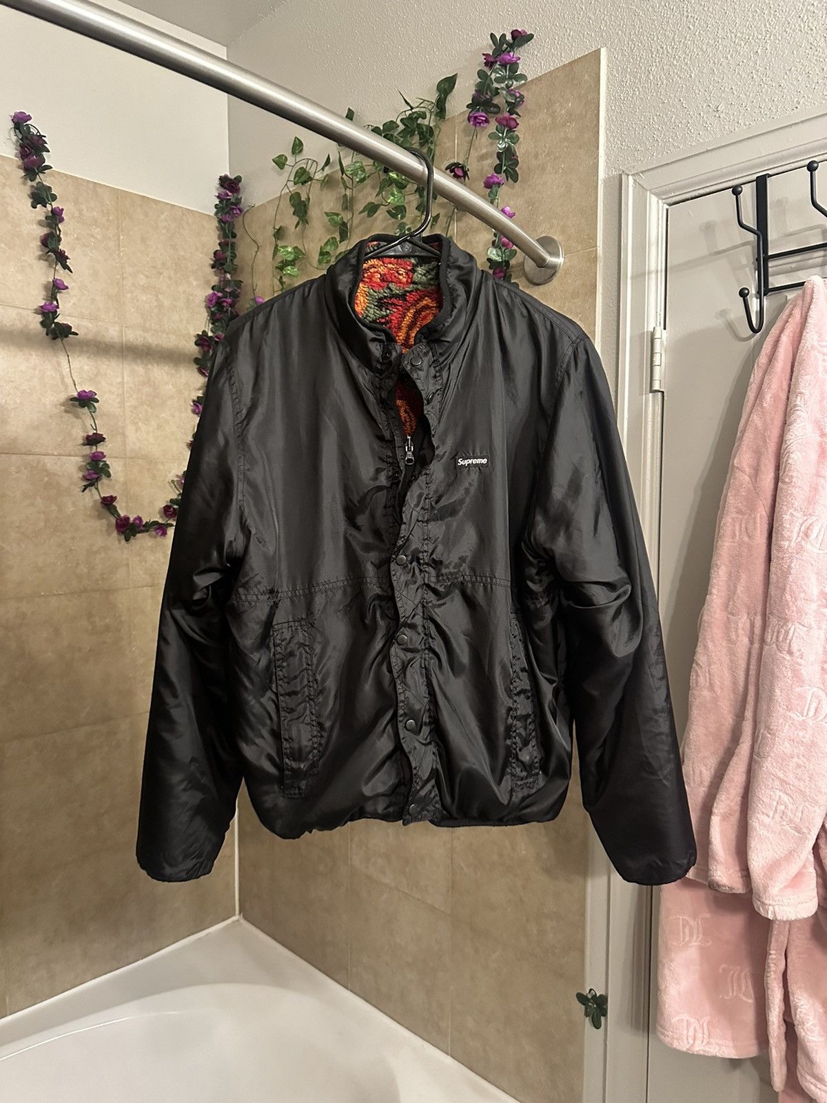 image of Supreme Floral Sherpa Fleece Reversible Jacket (Fw16) in Orange, Men's (Size Medium)