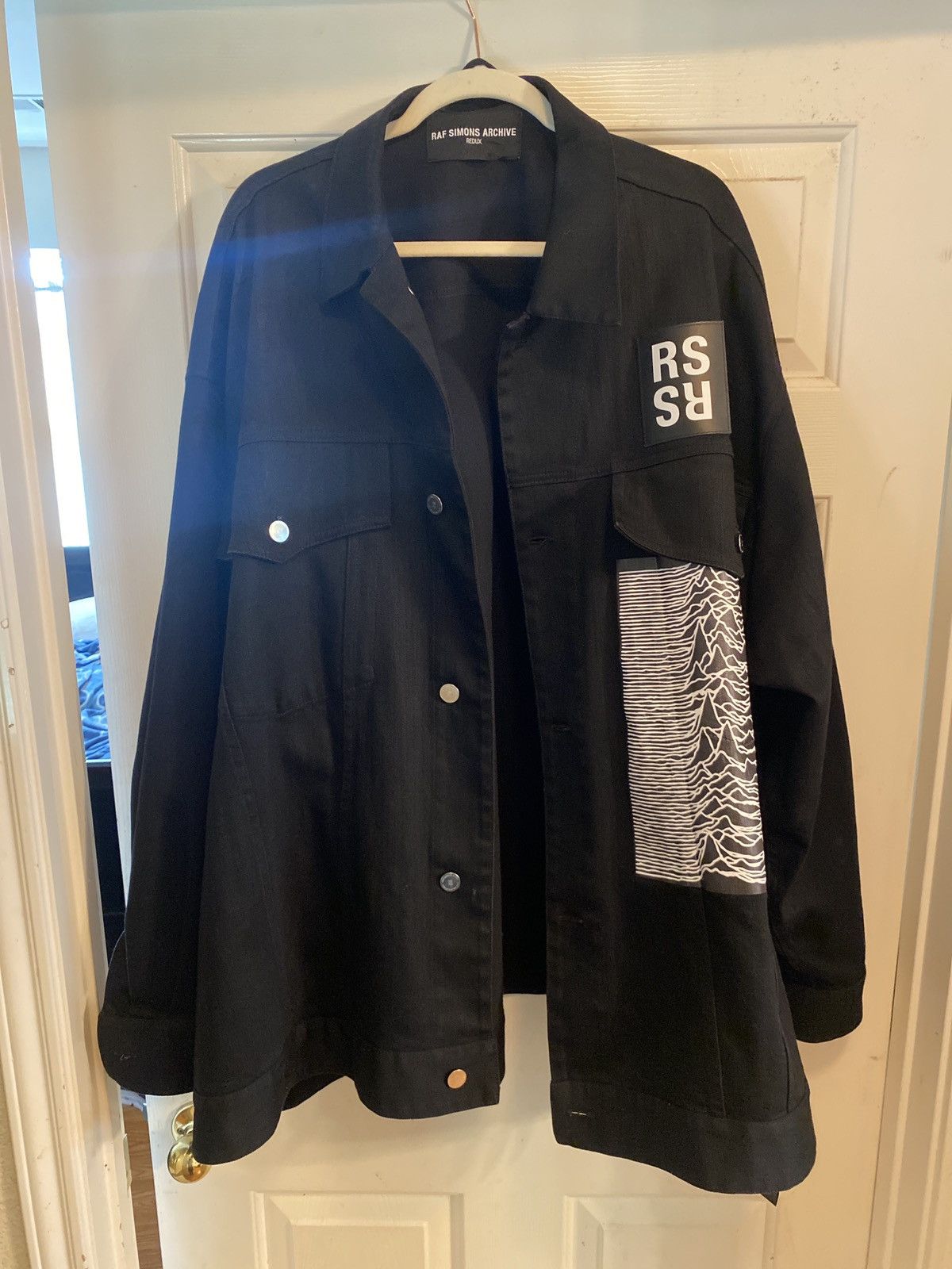 image of Raf Simons Joy Division Redux Oversized Denim Jacket in Black, Men's (Size Small)