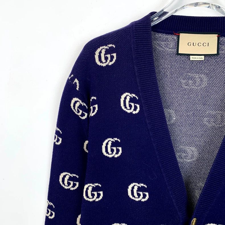 Gucci Gucci Dark blue GG jacquard full print V-neck cotton knitte Size US S / EU 44-46 / 1 - 3 Thumbnail