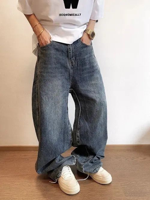 image of Distressed Denim Y2K Washed Blue Wave Jeans Unisex, Men's (Size 30)