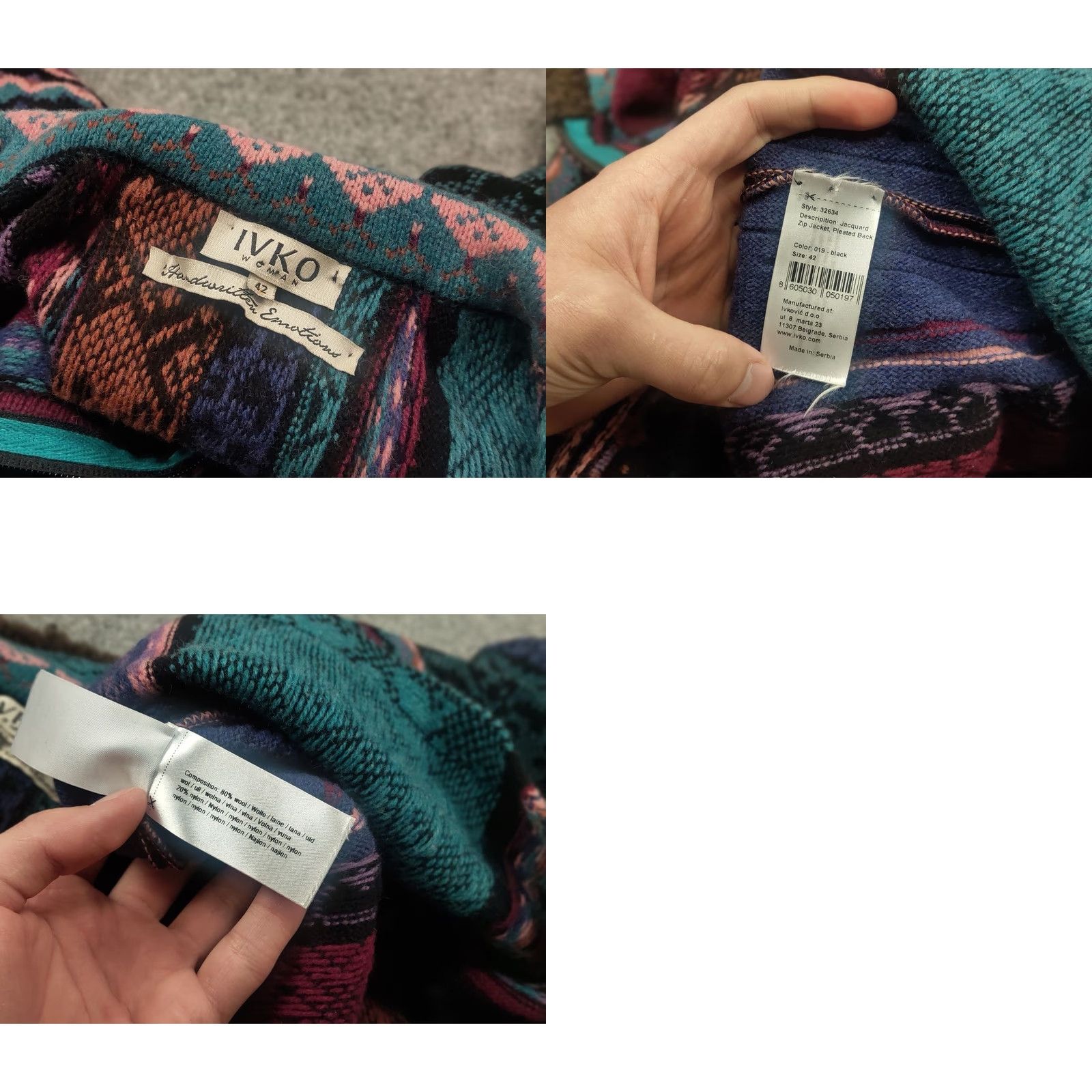 Vintage IVKO Design Knit Jacket Jacquard Zip Black Wool 100% Knit Coat Women XL Vintage No Size XL / US 12-14 / IT 48-50 - 10 Thumbnail