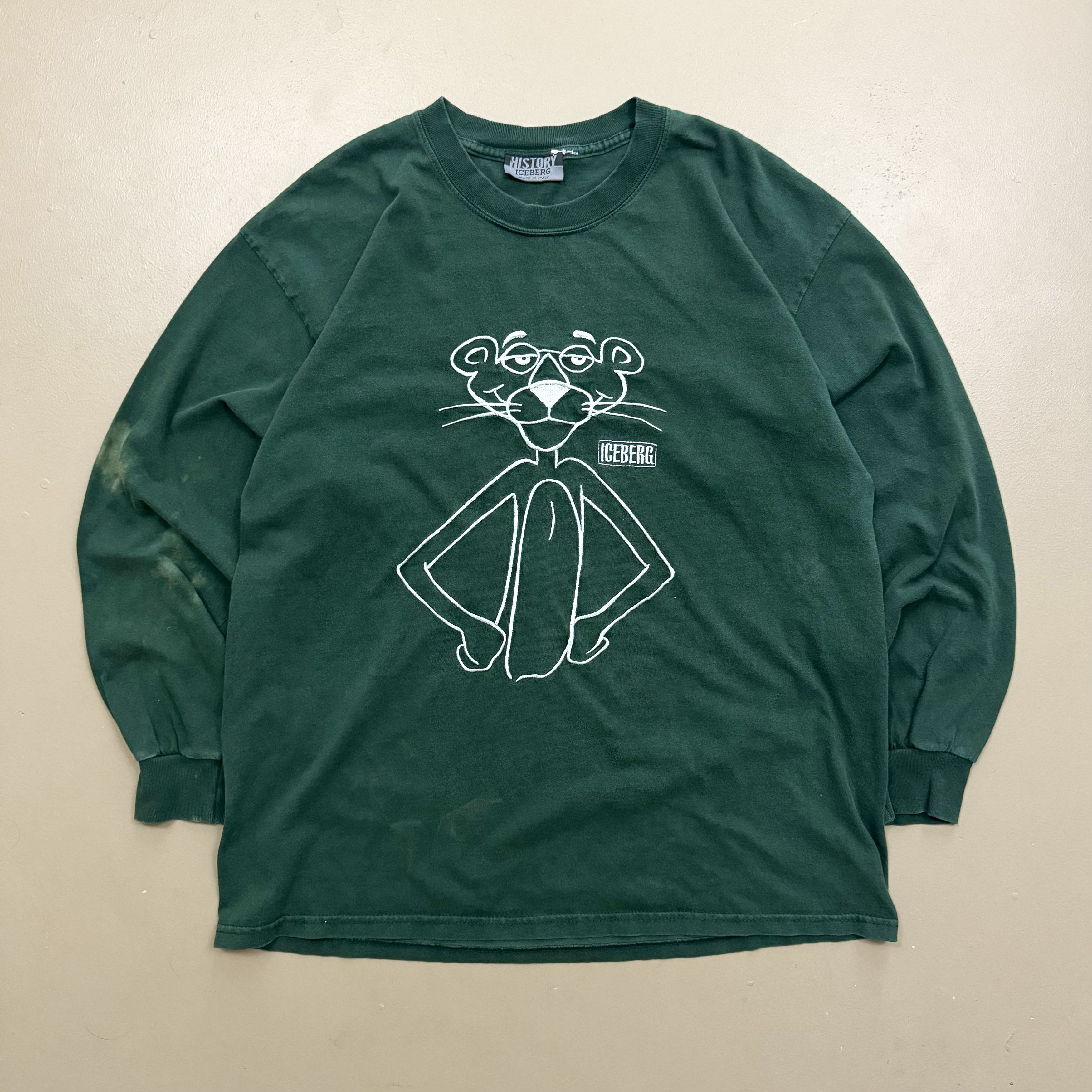 image of VTG 90's Iceberg History Pink Panther Long Sleeve T Shirt in Green, Men's (Size XL)