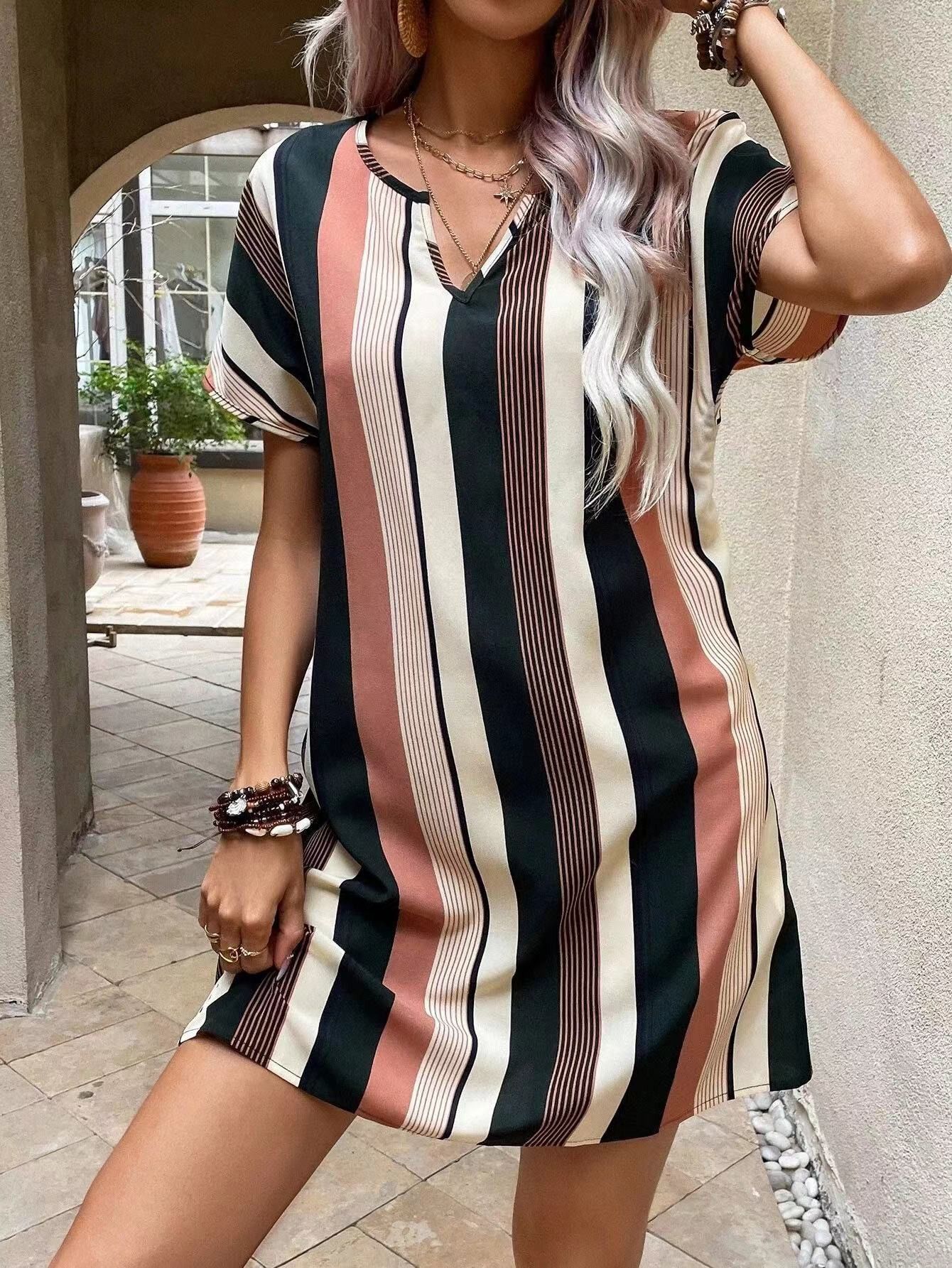 image of Vintage V-Neck Vertical Stripe Loose And Slimming Sleeved Dress, Women's (Size Medium)