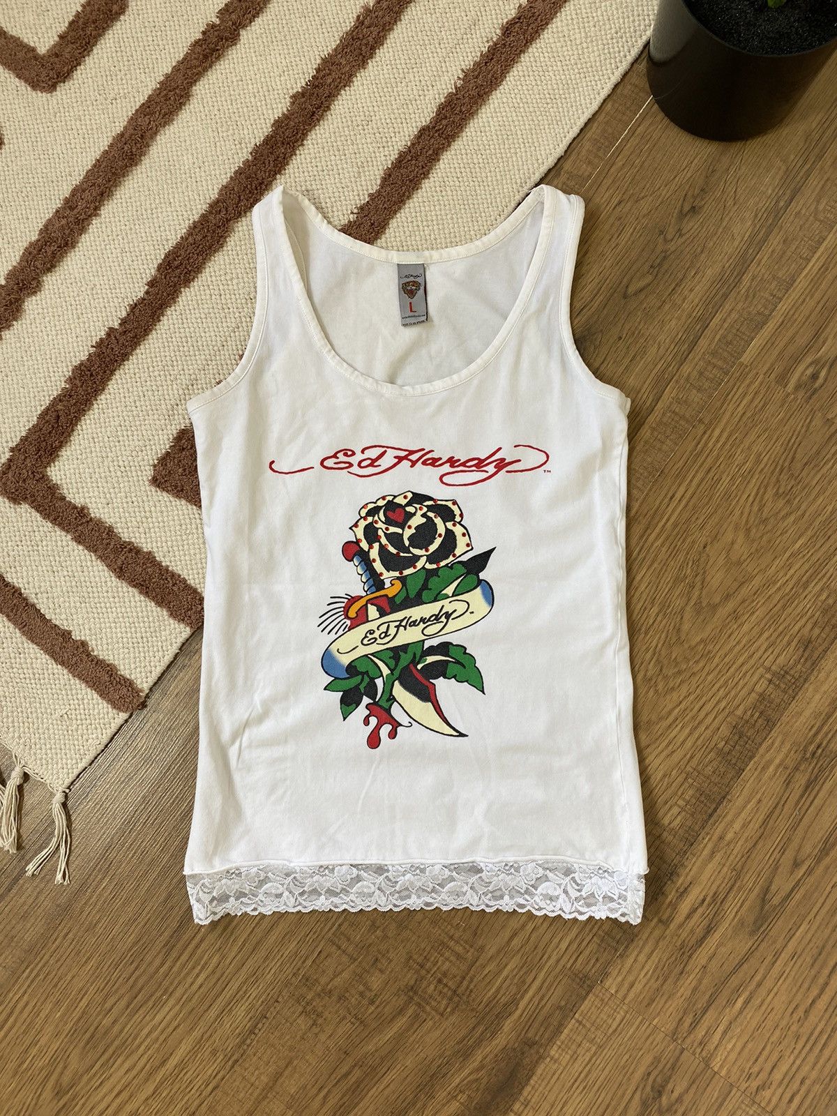 Ed Hardy VINTAGE ED HARDY BY CHRISTIAN AUDIGIER LACE TANK TOP Size L / US 10 / IT 46 - 1 Thumbnail
