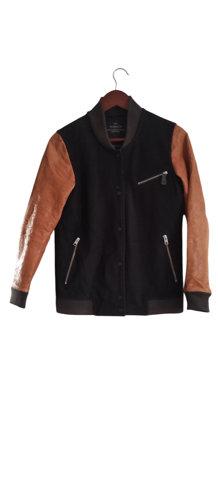 Allsaints All Saints Biwa Navy Tan Wool Leather Blend Bomber Jacket Size S / US 4 / IT 40 - 1 Thumbnail