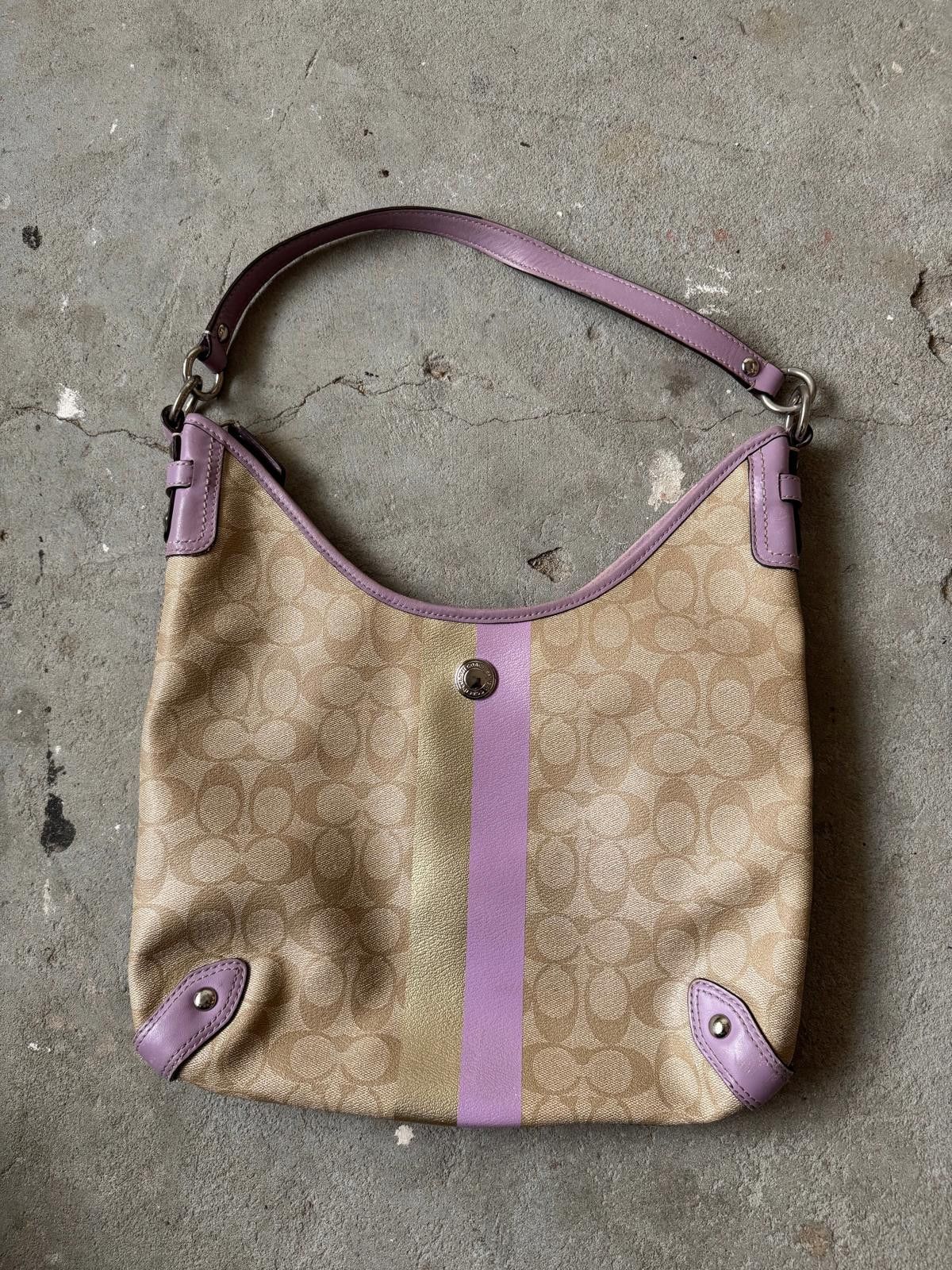 Coach Coach Signature PVC Hobo Stripe Shoulder Bag Beige/Purple Size ONE SIZE - 1 Thumbnail